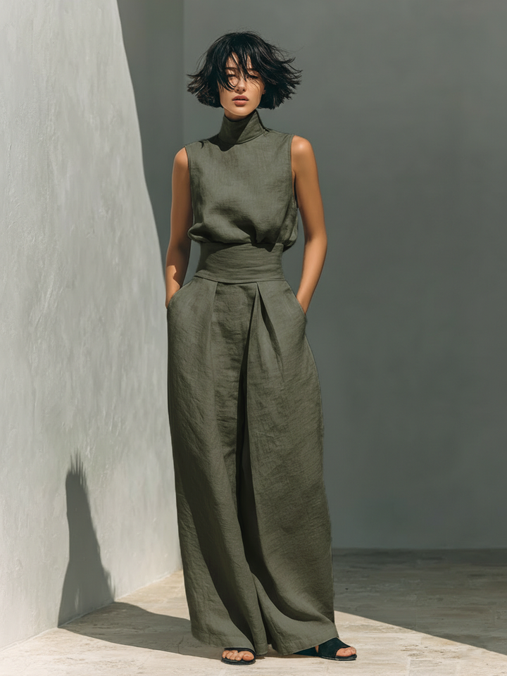 Komfortables Damen Set mit ärmelloser Bluse und eleganten weiten Hosen, einfarbig, perfekt für Freizeit & Alltag.