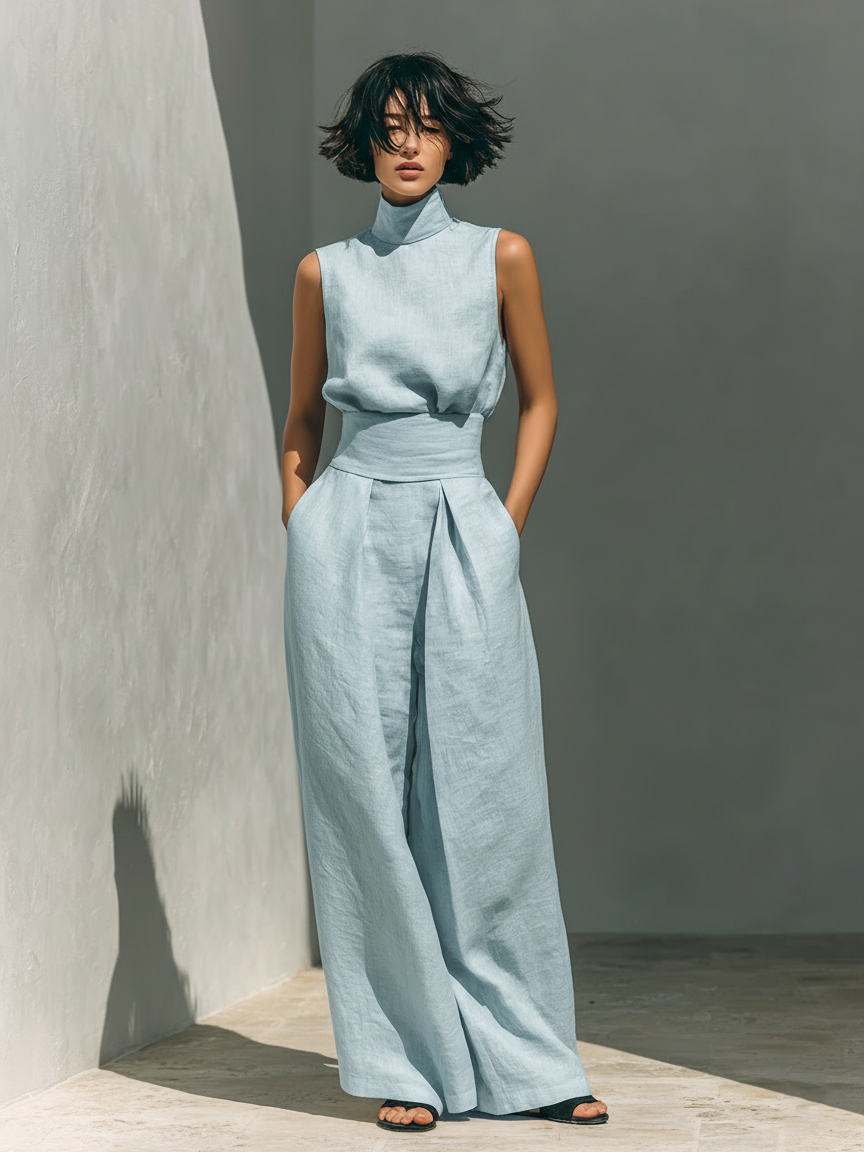 Minimalistisches Damen Blusen & Weite Hosen Set, ärmellos und schick, für einen modernen, eleganten Look.