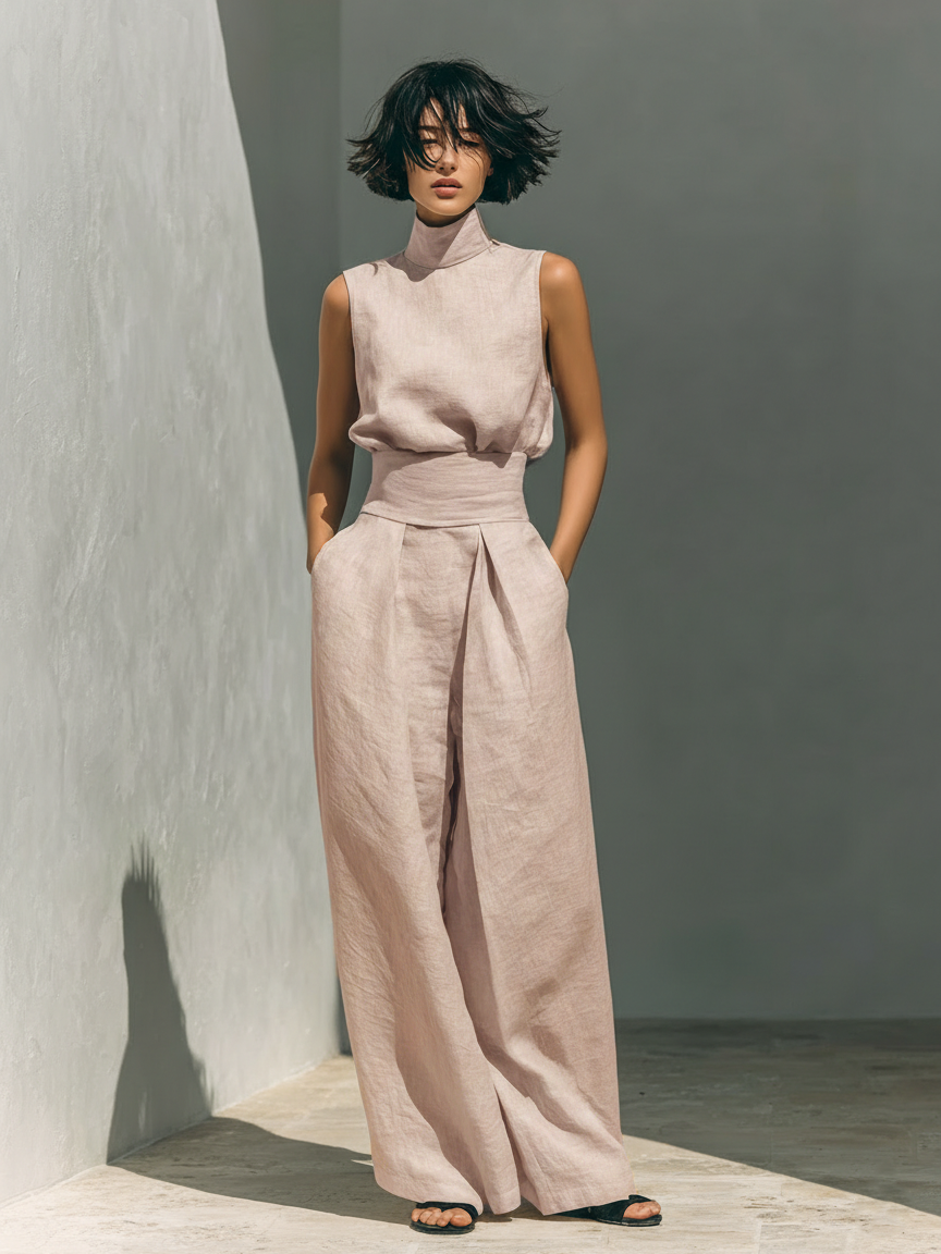 Vielseitiges Damen Set: elegante, ärmellose Bluse mit hohem Kragen & weite Hosen, perfekt für Frühling/Sommer.