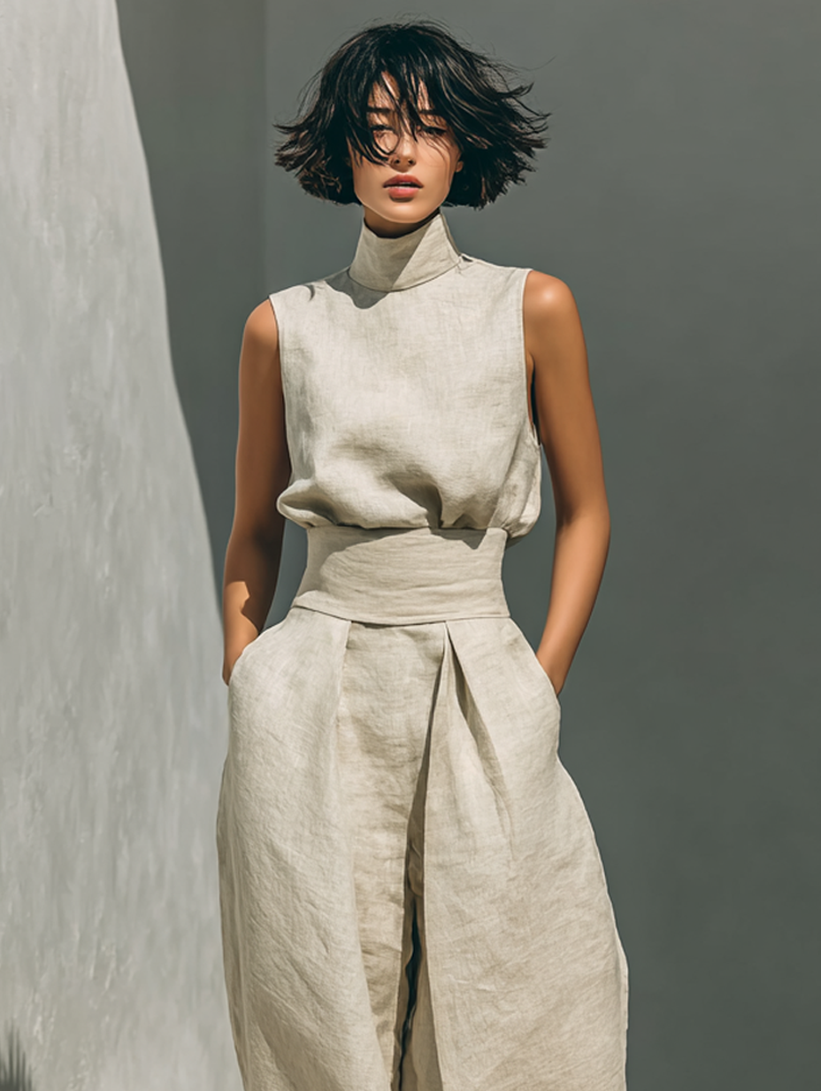 Moderner Damen Zweiteiler: ärmellose Bluse & weite Hosen, kombiniert Komfort und eleganten Stil für den Sommer.