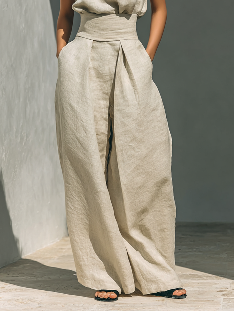 Schickes, einfarbiges Damen Set: ärmellose Bluse und weite Hosen, ideal für Business Casual oder Freizeitoutfits.