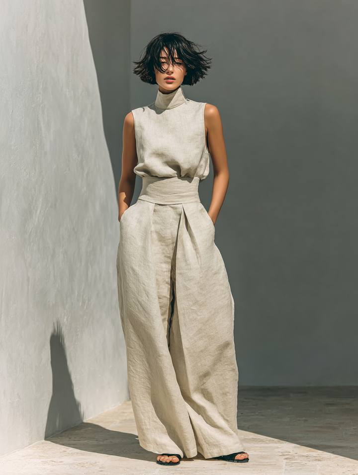 Damen Freizeit- & Elegantes Set: ärmellose Bluse & weite Hosen, kombiniert Stil und Komfort für jeden Anlass.