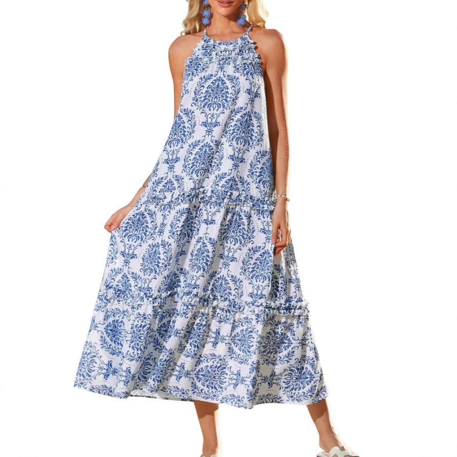 Stilvolles Halterneck Maxikleid für Damen im Boho-Look, mit Blumenmuster und gestuftem Rock, perfekt für Freizeit.