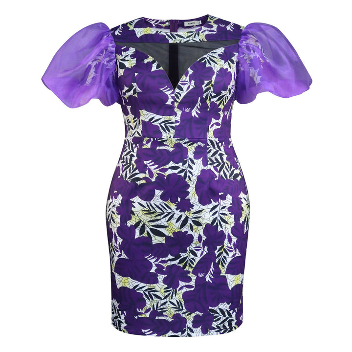 Sommerliches Damen Cocktailkleid in Lila mit floralem Muster & eleganten Puffärmeln, chic & bequem.