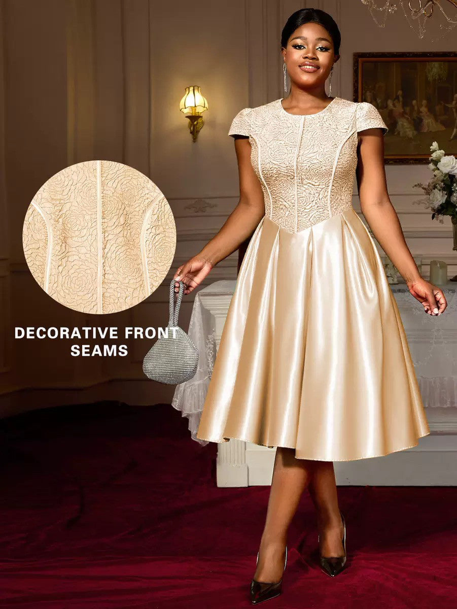 Elegantes Damen Cocktailkleid in Khaki mit edlem Spitzenoberteil, perfekt als festliches Kleid oder Hochzeitsgastkleid.