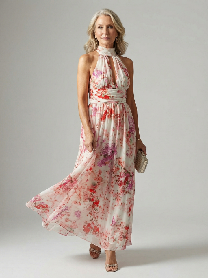 Elegantes Damen Easy Flow Maxikleid mit Halter und lebhaftem Blumenmuster. Perfekt für Sommer & Freizeit.
