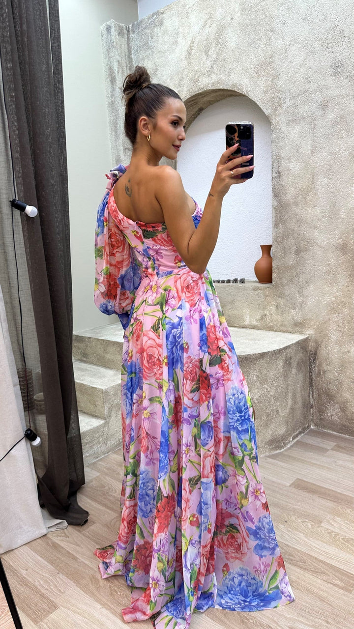 Sommerliches Maxikleid mit Blumenmuster, elegantem Ein-Schulter-Schnitt, ideal für Frühling & Sommer.