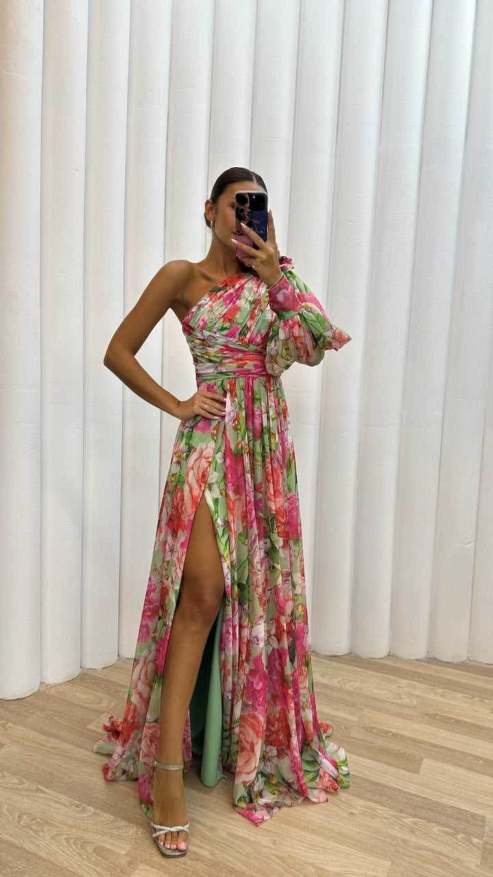 Damen Ein-Schulter-Maxikleid mit elegantem Blumenmuster, fließendem Stoff, perfekt für Frühling und Sommer.