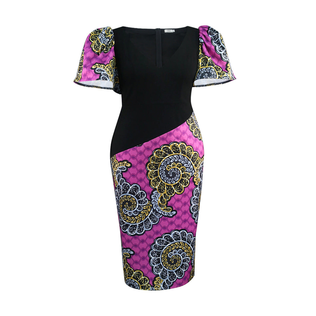 Modisches Damenkleid mit lebhaftem Mustermix & femininen Puffärmeln. Vielseitiges Etuikleid für Abend & Sommer.