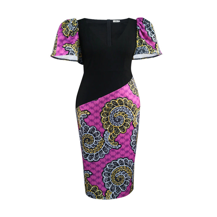 Modisches Damenkleid mit lebhaftem Mustermix & femininen Puffärmeln. Vielseitiges Etuikleid für Abend & Sommer.