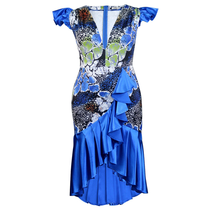 Damen Festkleid, V-Ausschnitt, Rüschensaum. Elegantes blaues Maxikleid mit Blumenmuster für Partys.
