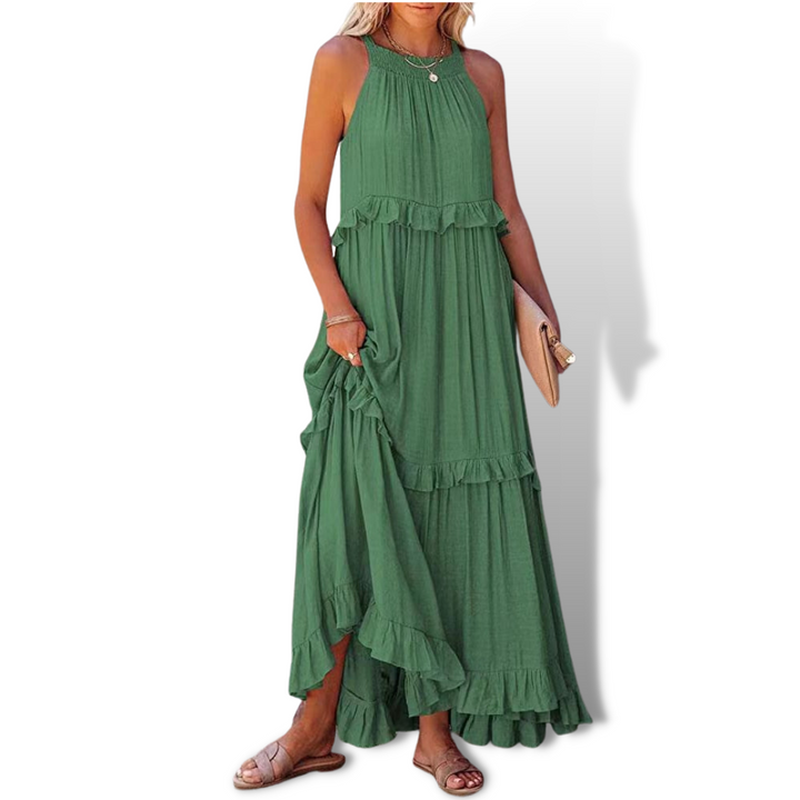 Elegantes Damen Frühlings-Midi-Kleid, luftig & knitterarm. Blickdichtes, bequemes Freizeit- & Reisekleid.