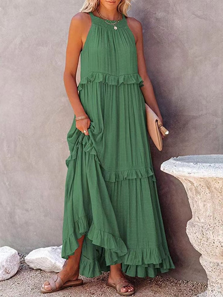Rückenansicht des bequemen Damen Frühlings-Midi-Kleides. Vielseitiges, knitterarmes Sommer- & Reisekleid.