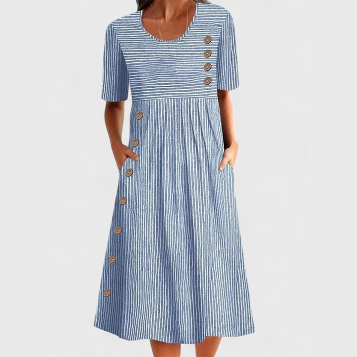Elegantes Damen Gestreiftes Midikleid mit 3/4 Ärmeln in Blau/Weiß, perfekt für Sommer und Freizeit, stilvoll & komfortabel.