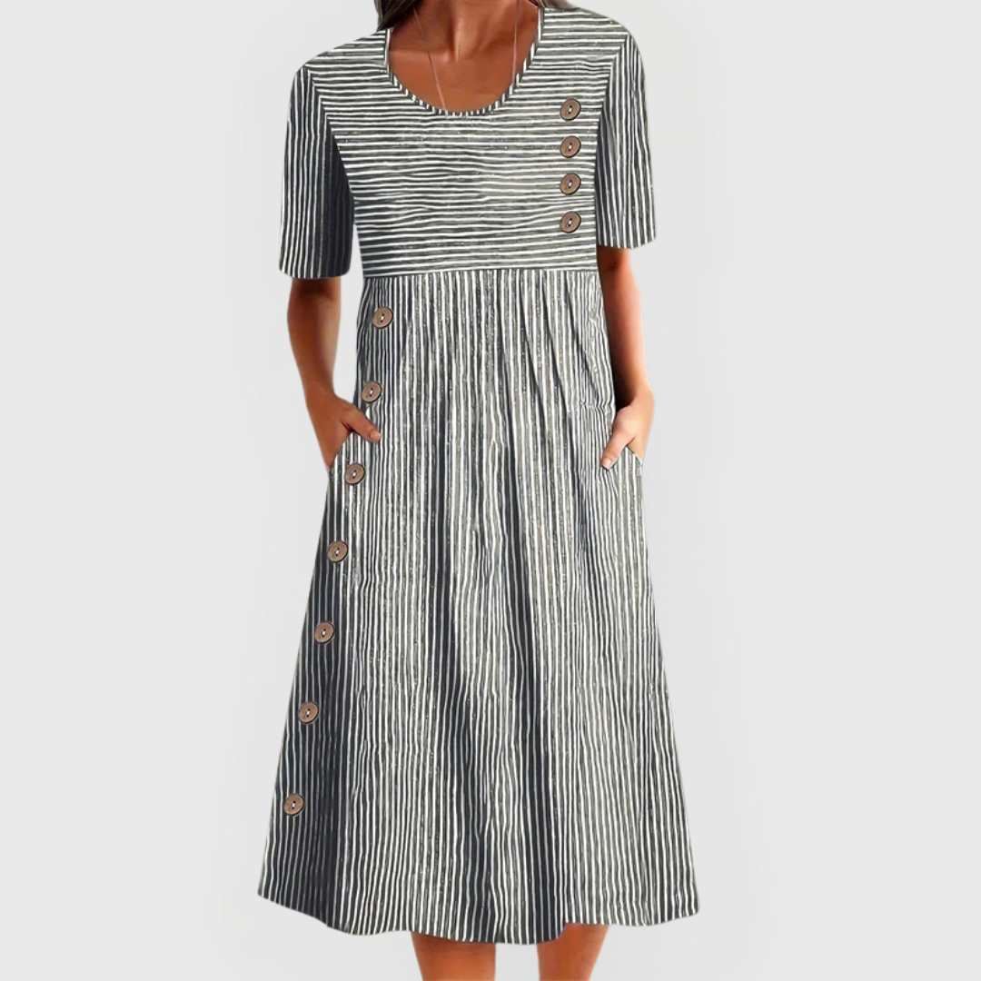 Komfortables gestreiftes Damen Midikleid in Grau/Beige, ideal als Freizeitkleid oder Sommerkleid, mit eleganten 3/4 Ärmeln.