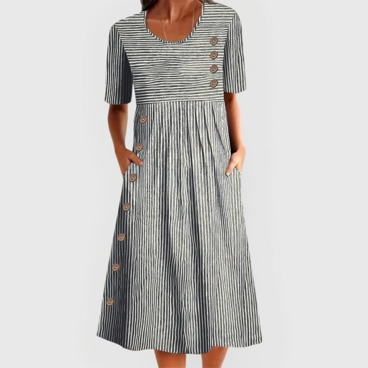 Komfortables gestreiftes Damen Midikleid in Grau/Beige, ideal als Freizeitkleid oder Sommerkleid, mit eleganten 3/4 Ärmeln.