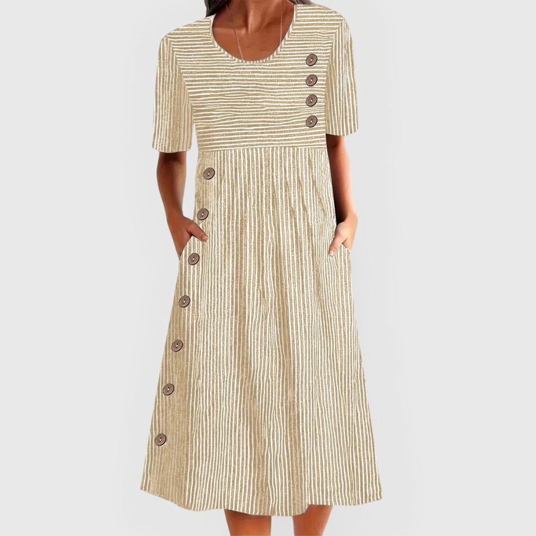 Stilvolles Damen Midikleid gestreift für jeden Tag, ideal als Sommerkleid oder Freizeitkleid, mit 3/4 Ärmeln für Komfort.