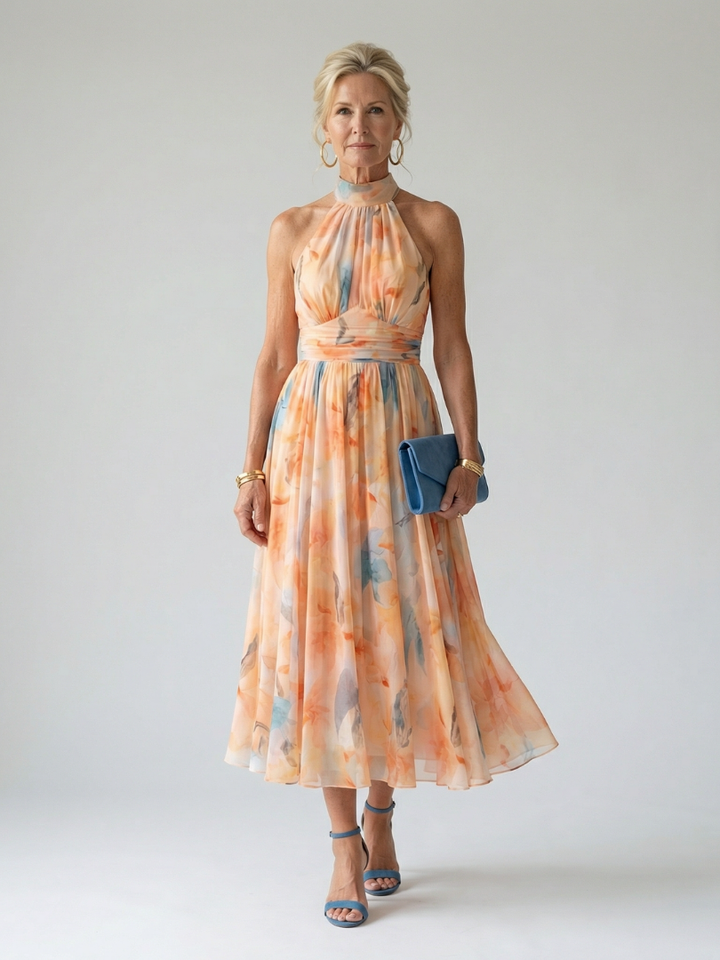 Elegantes Damen Halter Midikleid. Ärmelloses, tailliertes Sommerkleid für mühelose Eleganz, ideal für Party.