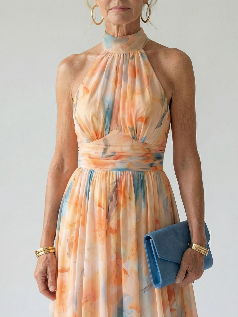 Modernes Halter Midikleid für Damen. Vielseitiges Sommer- und Freizeitkleid, perfekt für Party & Cocktailevents.