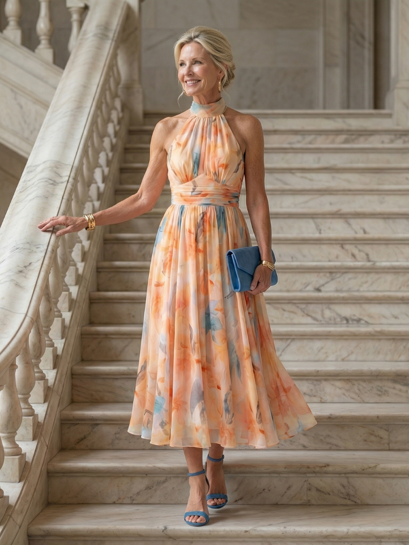 Komfortables Halter Midi-Kleid für Damen. Zeitloses, ärmelloses Design; ideal als elegantes Sommer- oder Freizeitkleid.