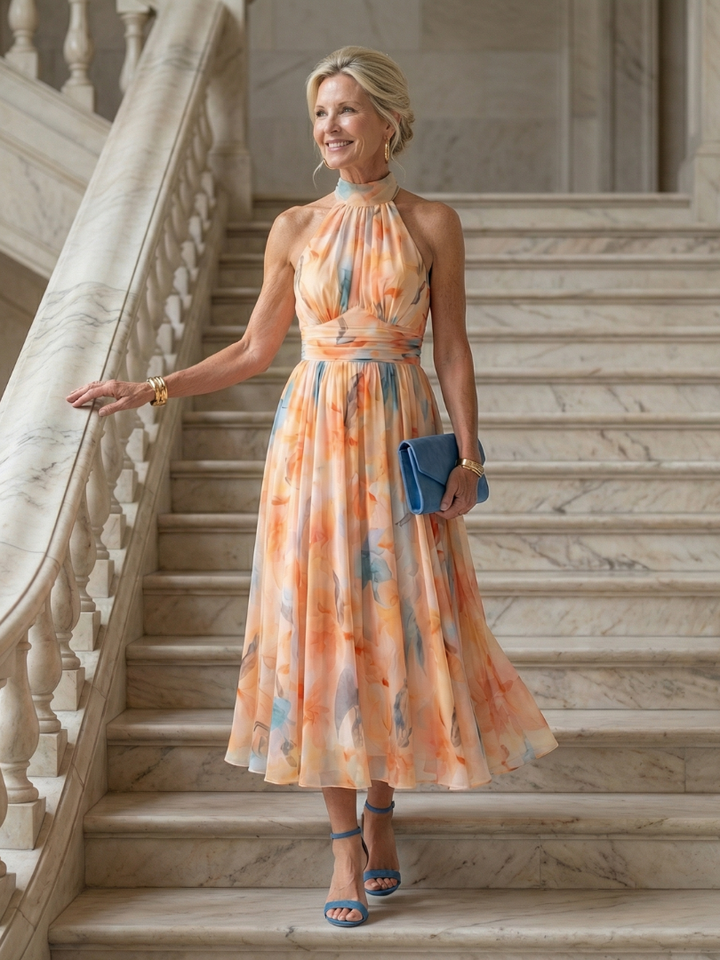 Komfortables Halter Midi-Kleid für Damen. Zeitloses, ärmelloses Design; ideal als elegantes Sommer- oder Freizeitkleid.