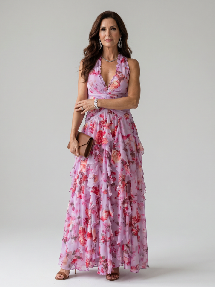 Elegantes Damen Halter Neck Maxikleid mit Blumenmuster und Rüschen, ideal für Sommerpartys.