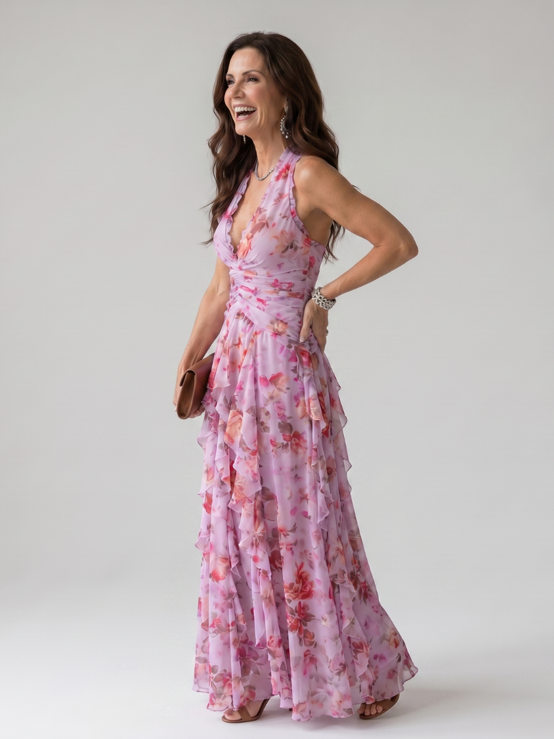 Fließendes, feminines Damen Maxikleid mit Halterneck, zarten Rüschen und lebhaftem Blumenmuster.