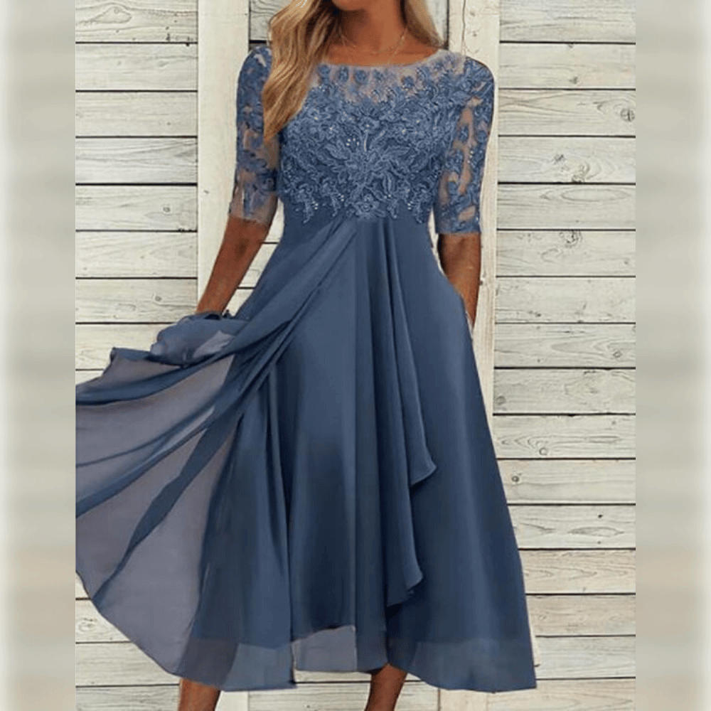 Elegantes Damen Herbstkleid, knielang, mit halblangen Ärmeln. Perfekt für festliche Anlässe & Büro.