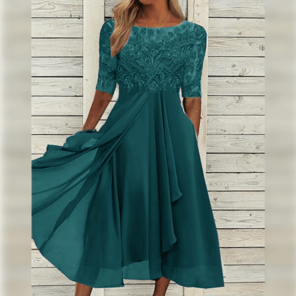 Festliches Damenkleid, knielang, mit halblangen Ärmeln. Elegantes Herbstkleid, auch als Abendkleid geeignet.