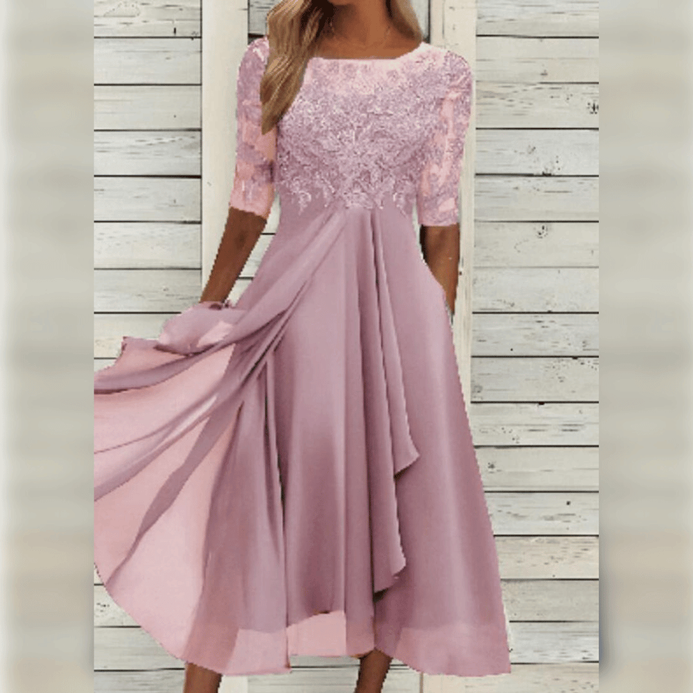 Knielanges, bequemes Damenkleid mit halblangen Ärmeln. Stilvolles Frauenkleid für Herbst, Frühling & Freizeit.