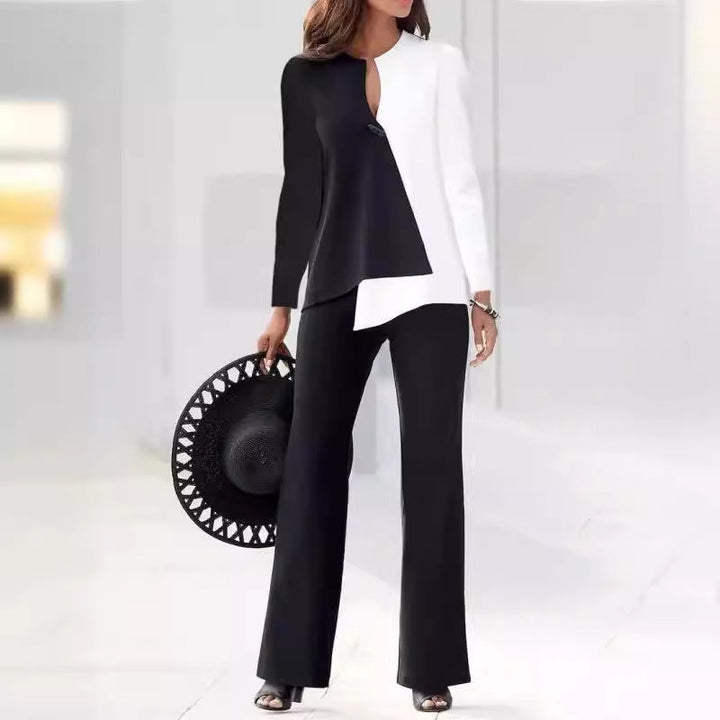 Elegantes Damen Hosenanzug Set mit asymmetrischer Bluse und Hose; modern und stilvoll für Business & Freizeit.