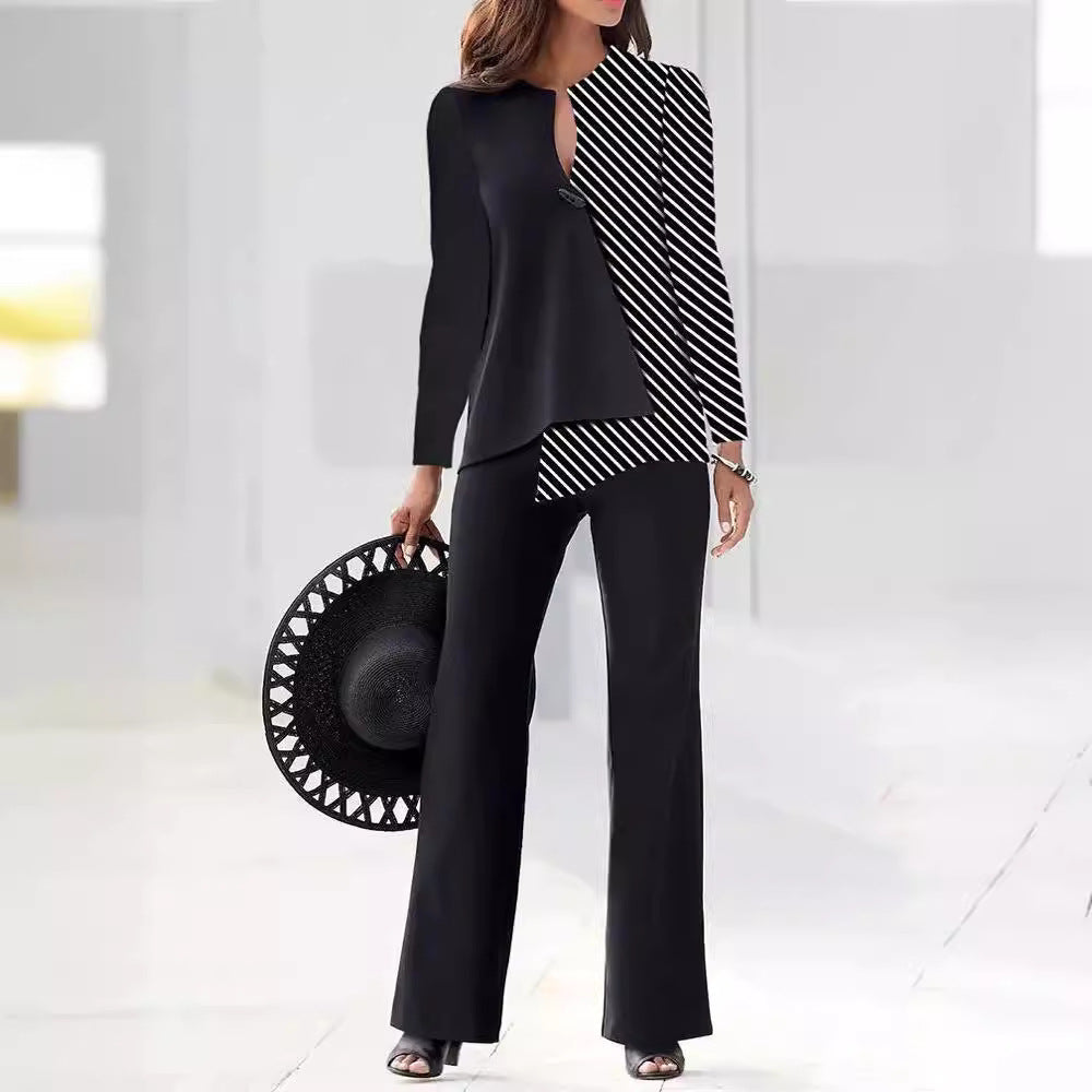 Damen Hosenanzug mit einzigartigem asymmetrischem Blusendesign; ein modernes, elegantes Business & Freizeit Outfit.