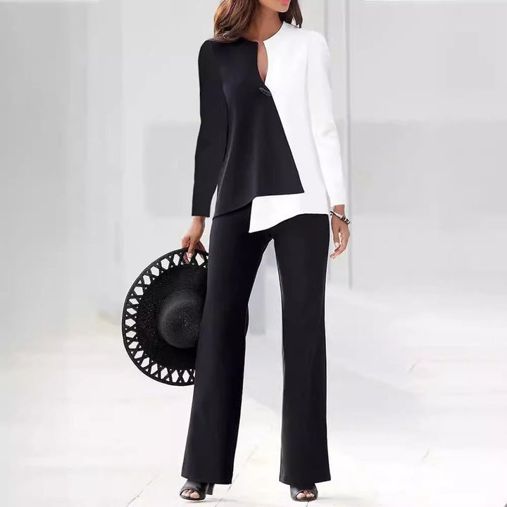Modisches Damen Business Hosenanzug Set; eleganter Zweiteiler mit asymmetrischer Bluse, perfekt fürs Büro.