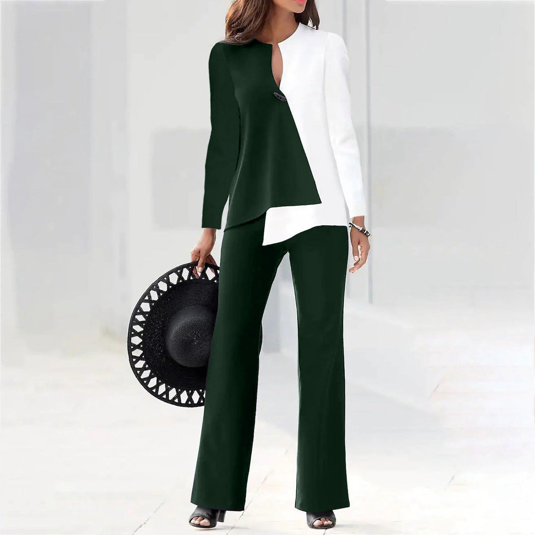 Vielseitiges Damen Hosenanzug Set, modern & elegant mit asymmetrischem Top. Ideal für Business und Freizeit.