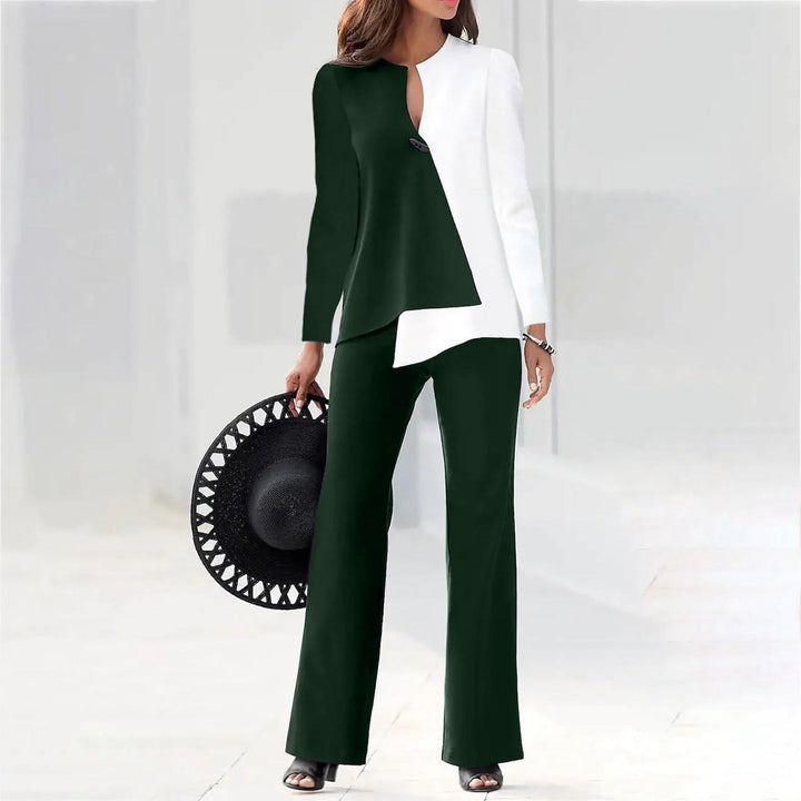 Vielseitiges Damen Hosenanzug Set, modern & elegant mit asymmetrischem Top. Ideal für Business und Freizeit.