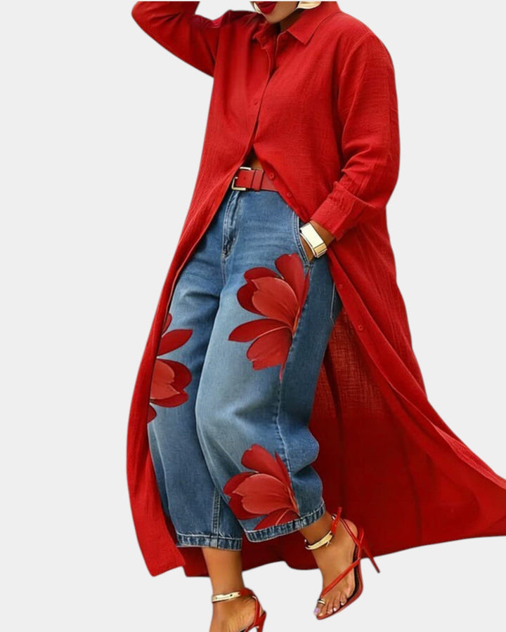 Elegantes Damen Jeans & Kleid Ensemble, zweiteilig. Weitgeschnittenes Set, modisch und komfortabel für Büro & Freizeit.