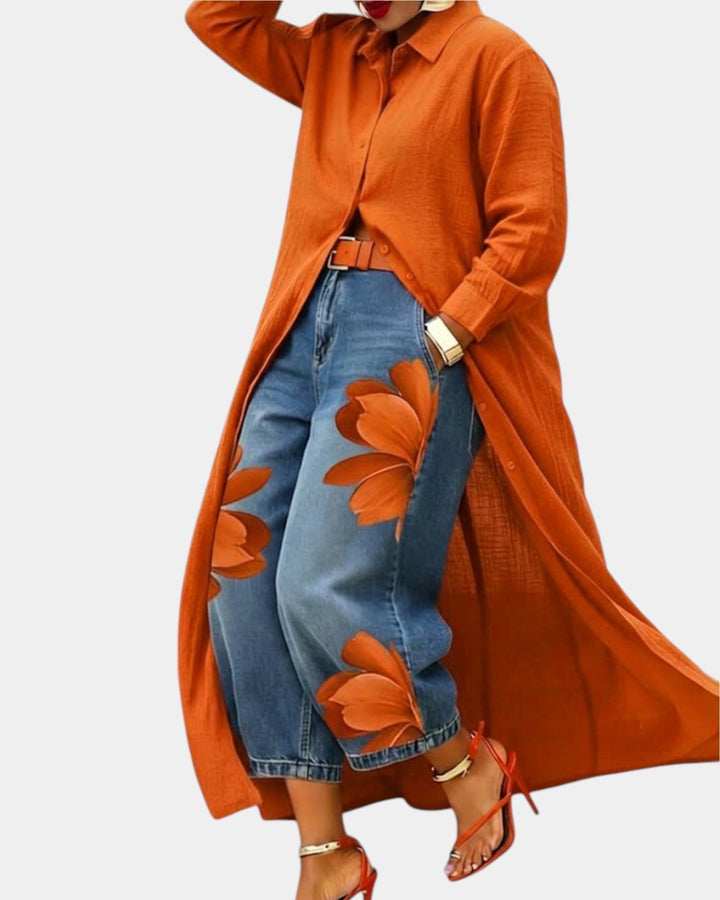 Modisches Damen Jeans & Kleid Set, weit geschnitten. Stilvoller Zweiteiler für einen eleganten und bequemen Alltagslook.