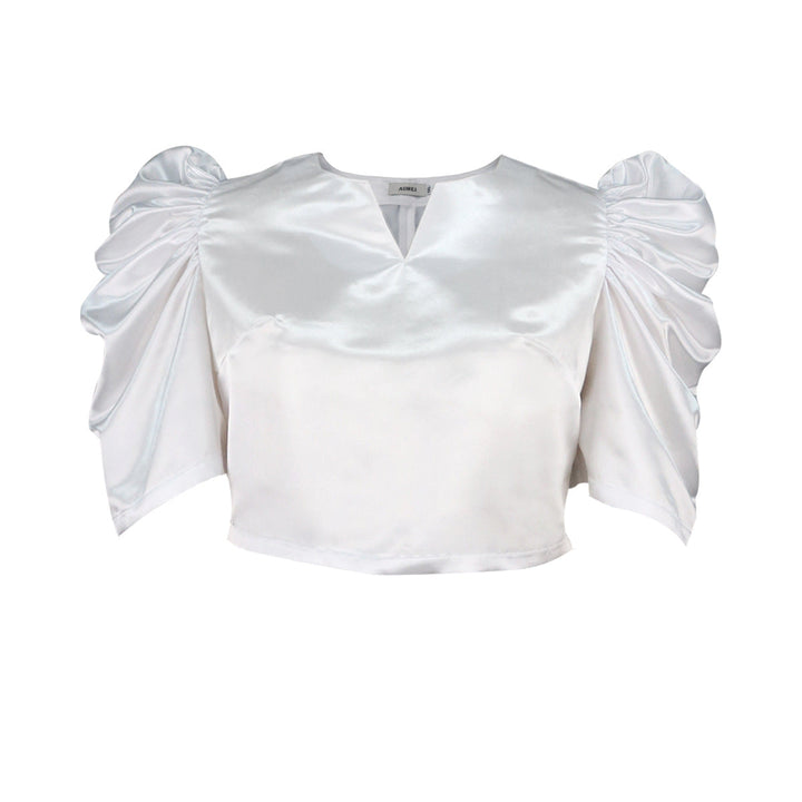 Festliches Damen Top mit eleganten Puffärmeln und tiefem V-Ausschnitt. Vielseitiges Kurzarm-Oberteil für chicen Sommer-Look.