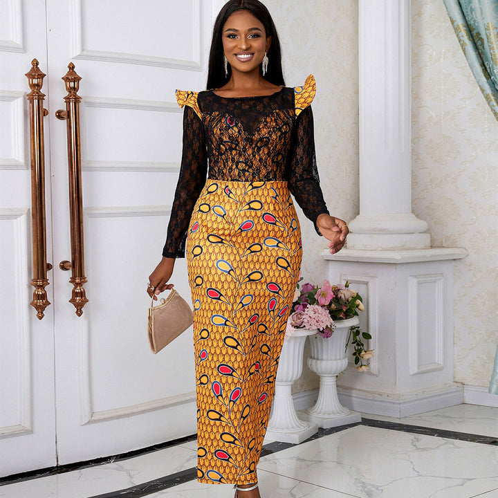 Elegantes Damen Langarmkleid mit floralem Muster und Spitze, ideal für festliche Anlässe und Abende.