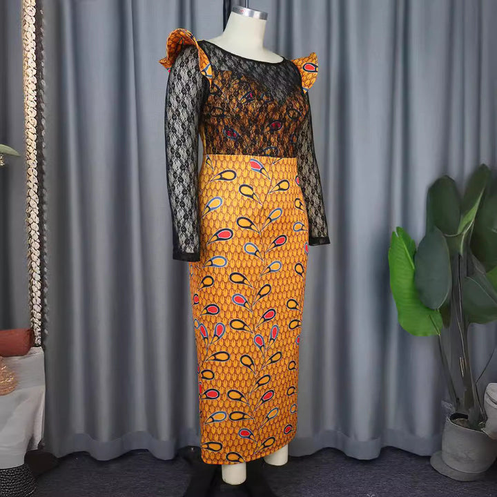 Schickes Damen Blumenmuster Langarmkleid mit feiner Spitze, perfekt als Abendkleid oder Cocktailkleid.