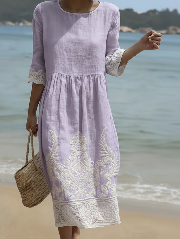 Elegantes Damen Lavendelkleid mit Blumenmuster, leichtes Sommer Maxikleid für Freizeit & Frühling.