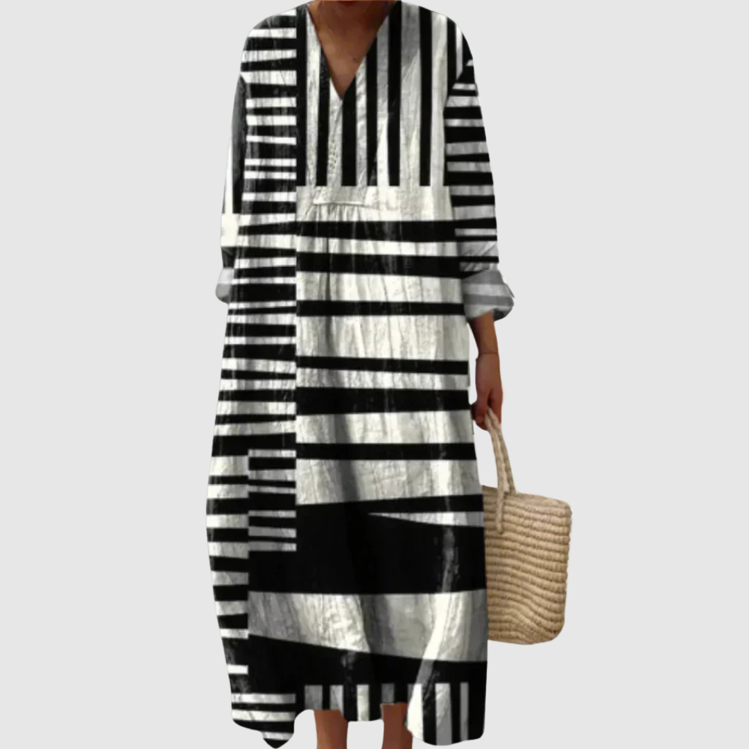 Elegantes Damen Linienkleid Minikleid in Schwarz-Weiß mit Streifenmuster und V-Ausschnitt, figurschmeichelnd.