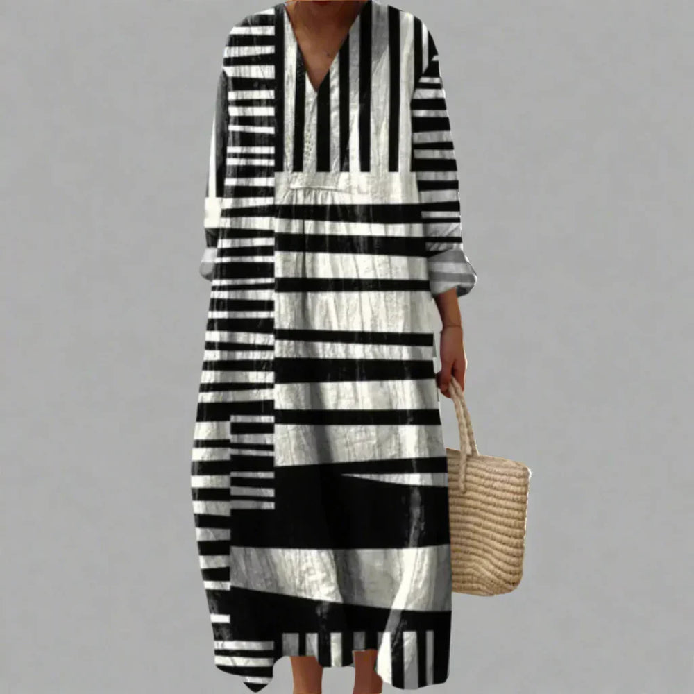 Vielseitiges Damen Sommer Linienkleid Minikleid mit V-Ausschnitt und Streifenmuster für Freizeit und Alltag.