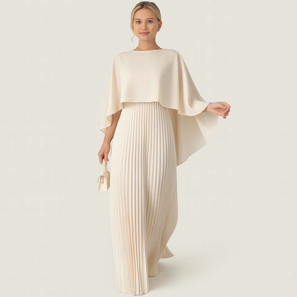 Detailansicht des Oberteils: Damen Abendkleid Amelie mit Rundhals, Fledermausärmeln, elegant und festlich.
