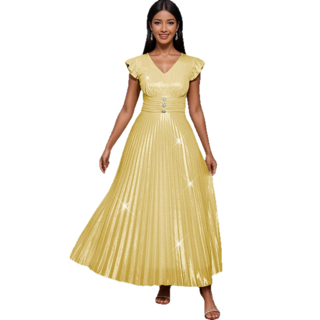 Schimmerndes Damen Maxikleid mit V-Ausschnitt, tailliertem Schnitt und Rüschenärmeln, perfekt für Feste.