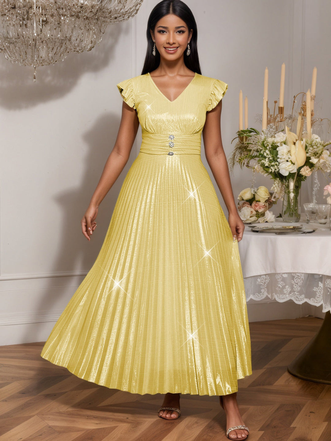 Festliches Maxikleid für Damen mit Schimmer, V-Ausschnitt, Rüschenärmeln, ideal für besondere Anlässe.