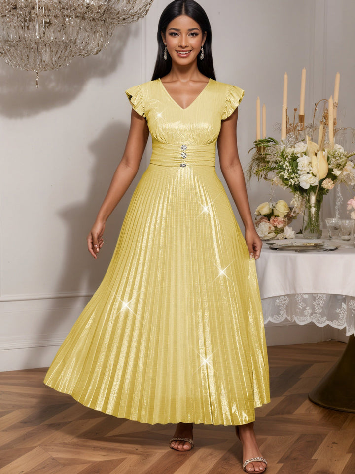 Festliches Maxikleid für Damen mit Schimmer, V-Ausschnitt, Rüschenärmeln, ideal für besondere Anlässe.
