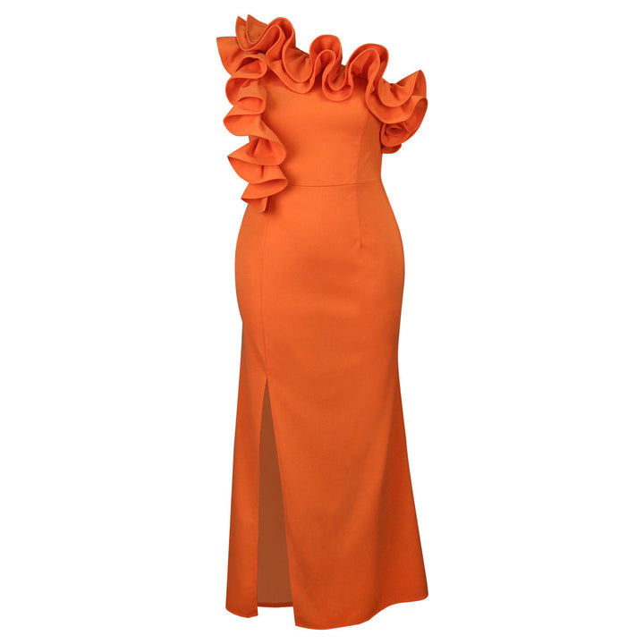 Schickes orangefarbenes Damen Maxikleid, ein glamouröses Abendkleid mit Rüschen und sexy Schlitz, für Feste.