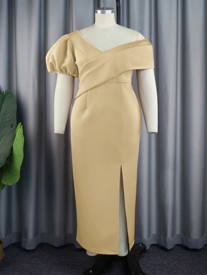 Sommerliches Maxikleid für Damen. Eleganz trifft auf asymmetrischen Ausschnitt und verspielte Puffärmel.