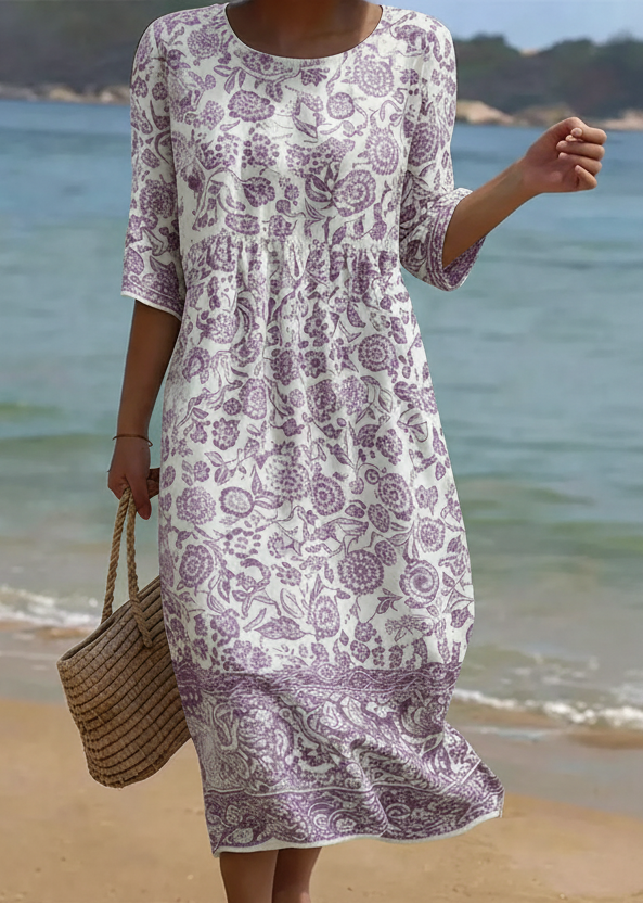 Elegantes Damen Maxikleid mit Blumenmuster in Lavendel für Sommer & Frühling, stilvoll & vielseitig für Freizeit & Abend.